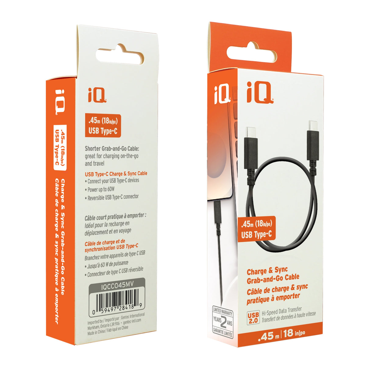 iQ Charge & Sync USB Type-C to Type-C Grab and Go Cable - 0.45m/18in