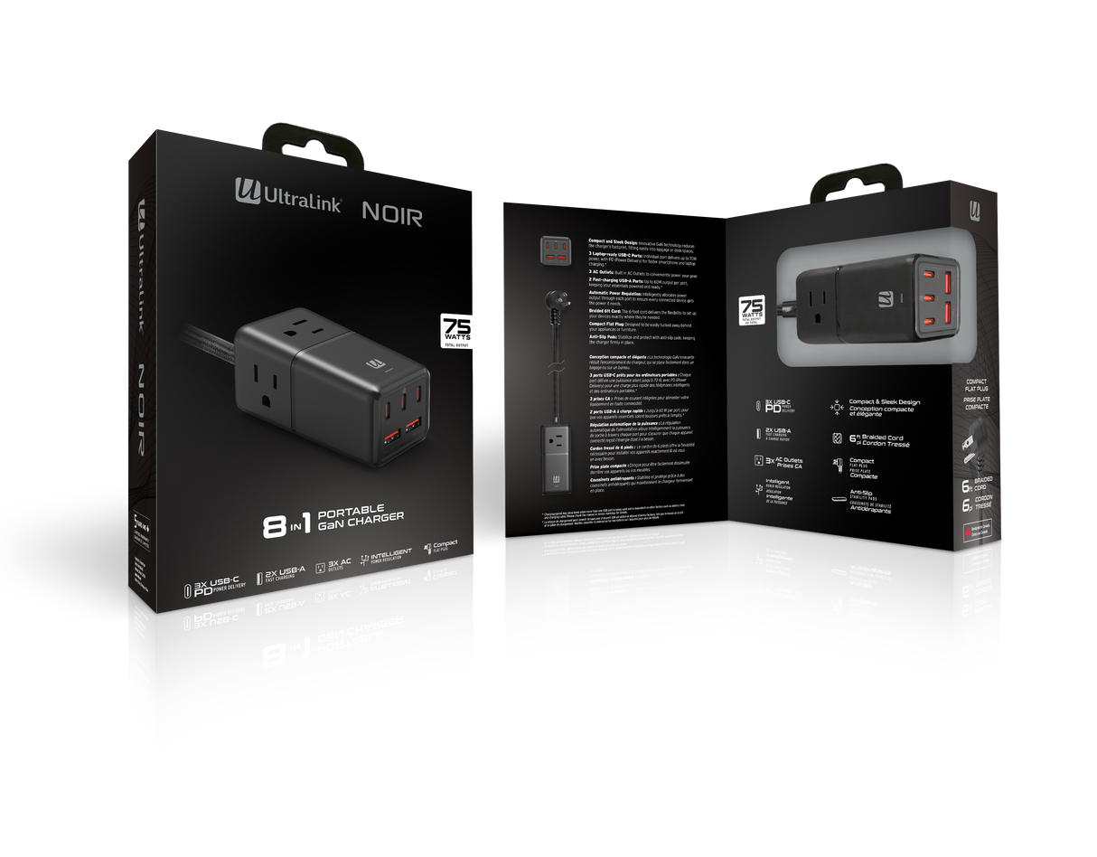 Ultralink Noir 8-in-1 Portable Charger with GaN Technology (Max 75W Output)