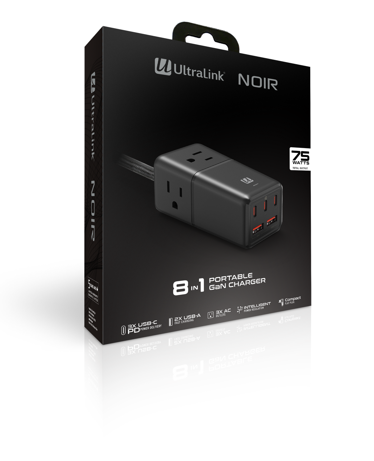 Ultralink Noir 8-in-1 Portable Charger with GaN Technology (Max 75W Output)